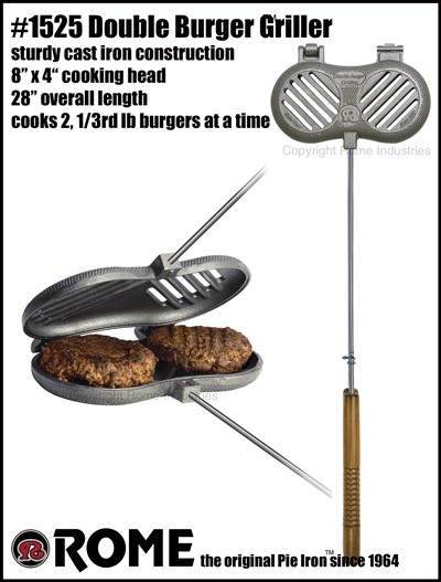 Solid Cast Iron Cooker for Campfires! Rome Original Double Burger Griller 